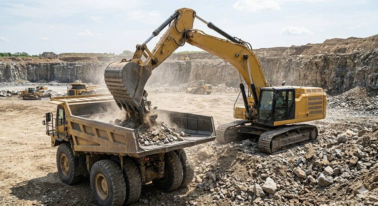 Heavy earthmoving equipment loading rock in a quarry: Rocktech custom steel wearparts in operation