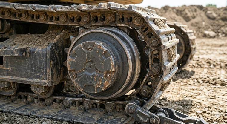 Rocktech undercarriage components: sprocket, rollers and track on a tracked machine